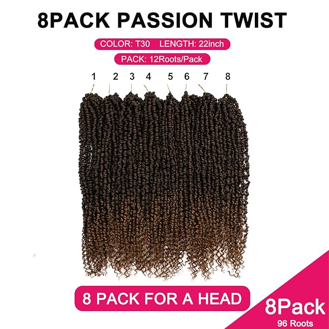 Passion Twist Hair - 8 Packs 22 Inch Passion Twist Crochet Hair For Women, Crochet Pretwisted Curly Hair Passion Twists Synthetic Braiding Hair Extensions (22 Inch 8 Packs, T30)