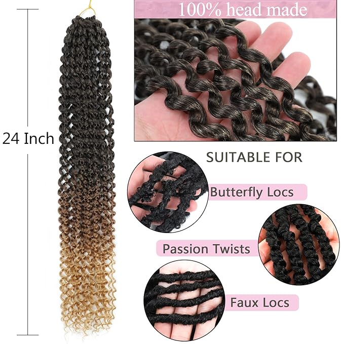 Ombre Passion Twist Hair 24 Inch 8 Packs Passion Twist Crochet Hair For Women Water Wave Braiding Hair Long Spring Twist Hair Synthetic Hair Extension (24 Inch (Pack of 8), 1B/30/27)