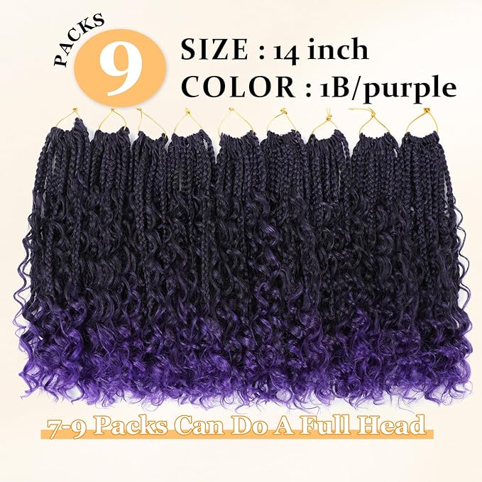 9 Packs Goddess Box Braids Crochet Hair Boho Crochet Box Braids With Curly Ends Crochet Hair For Black Women, 14 Inch Pre Looped Bohemian Crochet Box Braids Hair (14Inch 9 Packs,Tpurple)