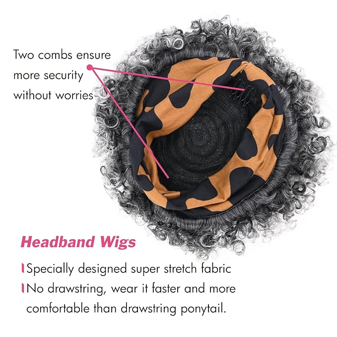 Grey Afro Headband Wig Short Afro Kinky Curly Wigs for Black Women Glueless Salt And Pepper Afro Wigs with Headbands Attached Synthetic with 2 Clips