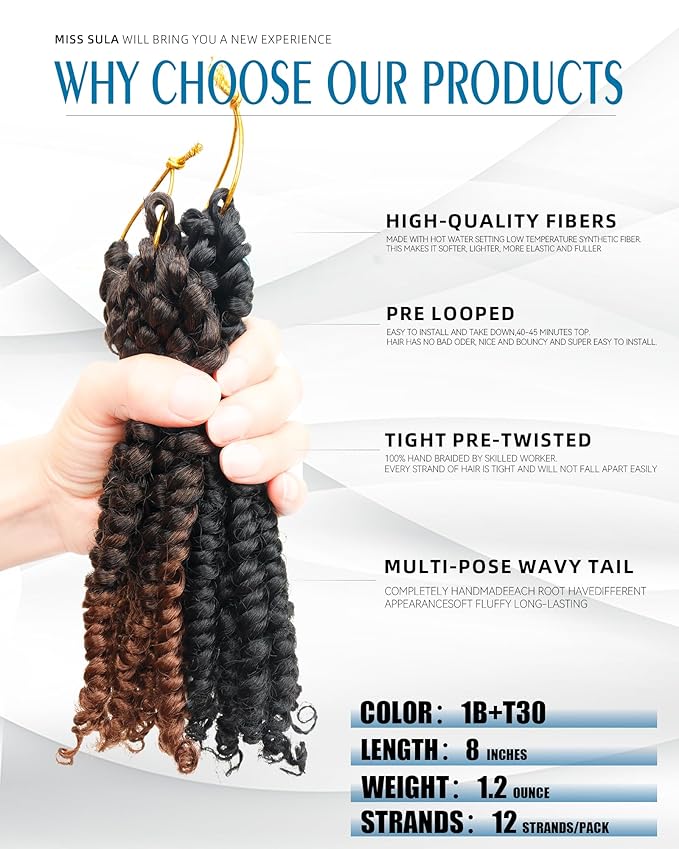 8 Inches 8 Packs Passion Twist Crochet Hair-Mixed Color Combination Package(6 packs 1B+2pack T30),Pre-twisted Pre Looped Synthetic Spring Kinky Twist Hair Extensions(8"-8 Packs,1B+T30)