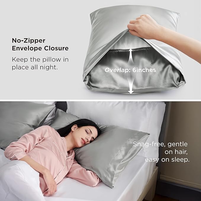 Bedsure Satin Pillowcase 2 Pack Similar to Silk Pillow Cases Standard Size, Pillow Case for Sleeping Women with Envelope Closure, Gifts for Women Men, Silver Grey, 20x26 Inches, 2pcs
