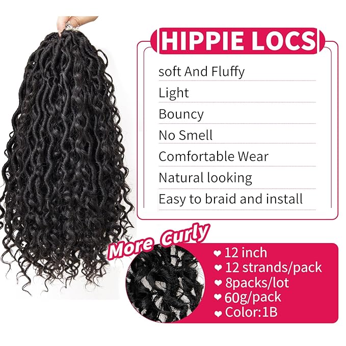 Goddess Locs Crochet Hair 12Inch Faux Locs With Curly Ends 8Packs Pre-looped Boho River Locs Hippie Bohemian Locs Crochet Hair (1B, 12inch(Pack of 8))