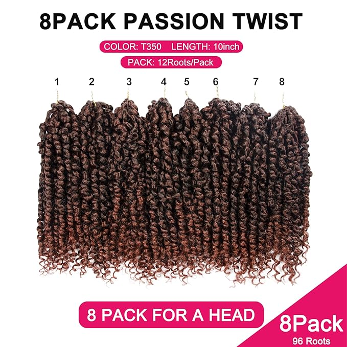 Passion Twist Hair - 8 Packs 10 Inch Passion Twist Crochet Hair For Women, Crochet Pretwisted Curly Hair Passion Twists Synthetic Braiding Hair Extensions (10 Inch 8 Packs, T350)
