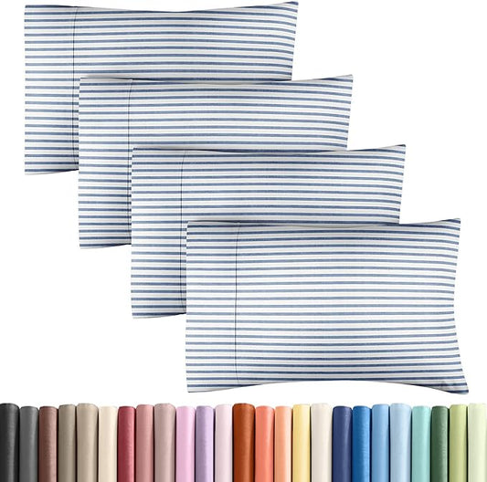 Queen Pillow Cases Set of 4 - Ultra Soft Hotel Quality Pillowcase Covers - Comfy, Cozy & Wrinkle Free - Shrinkage and Fade Resistant - Machine Washable Pillow Protectors - 4 Piece Set - Blue Stripes 2