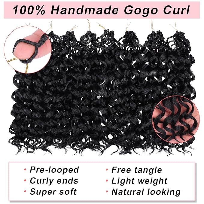 XTREND 10 Inch Gogo Curl Crochet Hair 8 Packs Pre-looped Ocean Wave Synthetic Braiding Hair for Women (16Strands/pack 1B#)