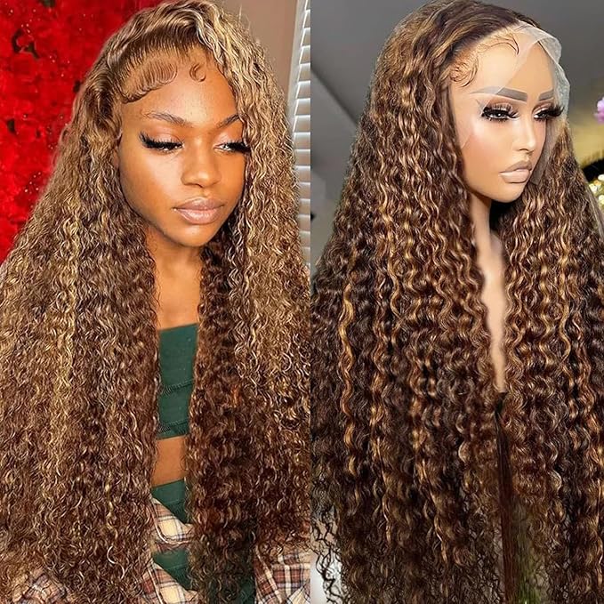 Highlight Ombre Lace Front Wig Human Hair 13x4 HD Honey Blonde 4/27 Deep Wave Lace Front Wigs Human Hair 250% Density Glueless Wigs Human Hair 30Inch
