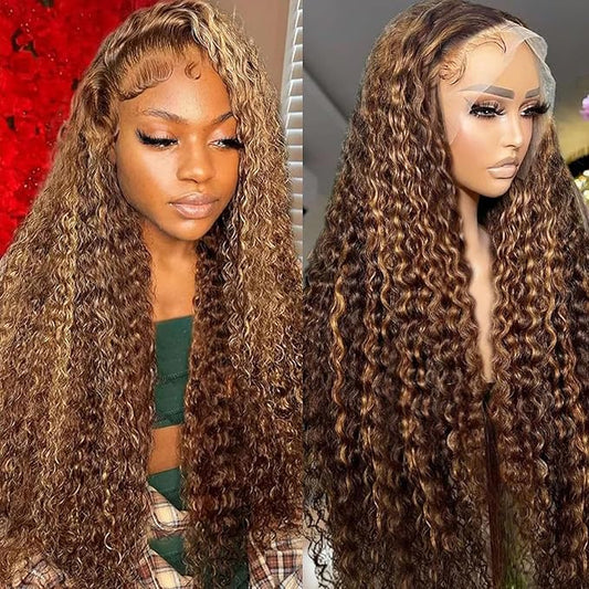 Highlight Ombre Lace Front Wig Human Hair 13x4 HD Honey Blonde 4/27 Deep Wave Lace Front Wigs Human Hair 250% Density Glueless Wigs Human Hair 30Inch