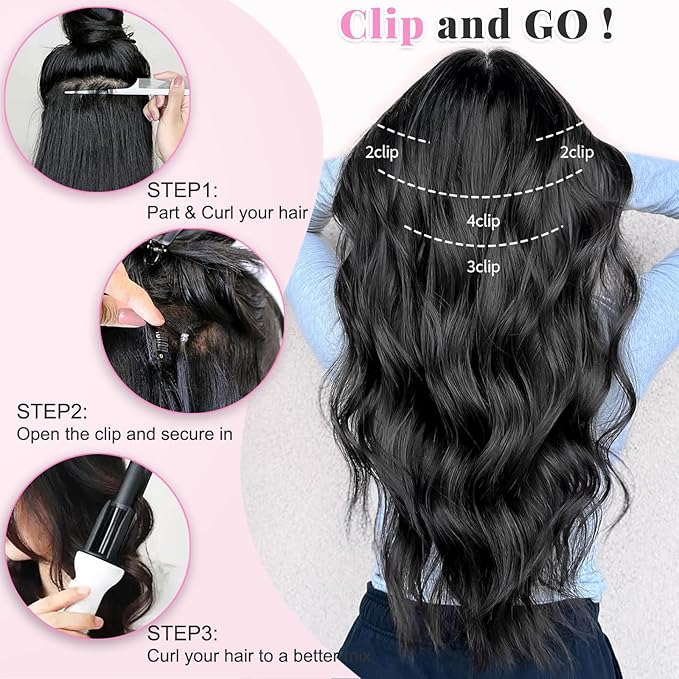 ALXNAN Clip in Long Wavy Synthetic Hair Extension 20 Inch Black Mix Blue Highlights 4PCS Thick Hairpieces Fiber Double Weft Hair for Women