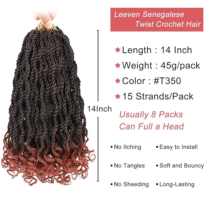 Leeven 14 Inch Senegalese Twist Crochet Hair with Curly Ends 8 Packs Ombre Copper Red Pre Looped Short Wavy Crochet Braids for Kids Women Ginger Pre Twist Small Hanava Twist Synthetic Braiding Hair