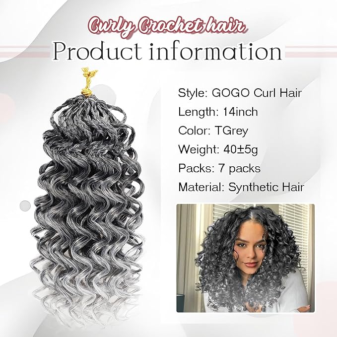 7 Packs Gogo Curl Grey Crochet Hair for Women 14 Inch Pre-Twisted Curly Crochet Hair Pre Looped Deep Ocean Water Wave Beach Curl Crochet Braids Synthetic Braiding Hair Extensions (14 Inch, 1B/Gray)