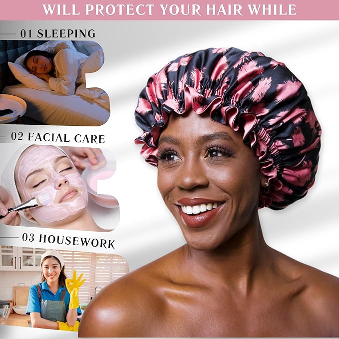 100% Mulberry Silk Bonnet for Women – Handmade in USA, 19 Momme Double-Layer Reversible Hair Wrap, Non-Slip Sleep Cap for Curly & Natural Hair, Luxury Hair Protection (Vintage Pink)