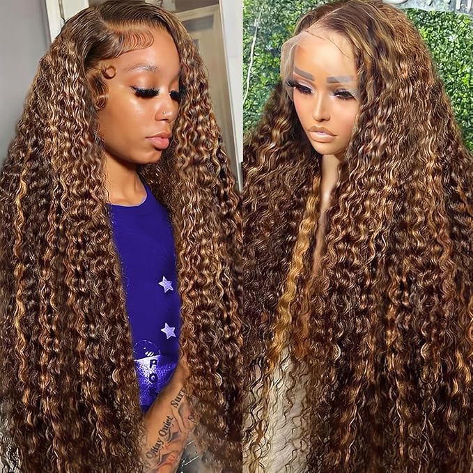 P4/27 Highlight Curly Human Hair Wig 13x6 Ombre Deep Wave Lace Front Wig Human Hair Pre Plucked 210% Density Honey Blonde Deep Wave Wigs for Women Glueless HD Lace Frontal Wig 26 Inch