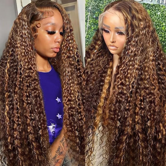 P4/27 Highlight Curly Human Hair Wig 13x6 Ombre Deep Wave Lace Front Wig Human Hair Pre Plucked 210% Density Honey Blonde Deep Wave Wigs for Women Glueless HD Lace Frontal Wig 26 Inch