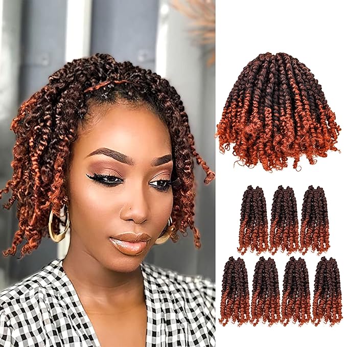 Super Short Passion Twist Crochet Hair for Black Women and Kids-6 Inch 7 Packs Ombre Ginger Pre Looped Pre-twisted Passion Twist Hair,Bob Spring Kinky Twist Bohemian Curl(6"-7P,T350)