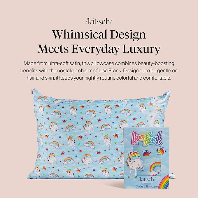 Kitsch x Lisa Frank Satin Pillowcase with Zipper for Hair & Skin, Softer Than Silk Pillow Cases Queen, Wrinkle-Free, Smooth and Cooling Satin Pillow Covers Standard/Queen Size 19x26 - MarkieTM