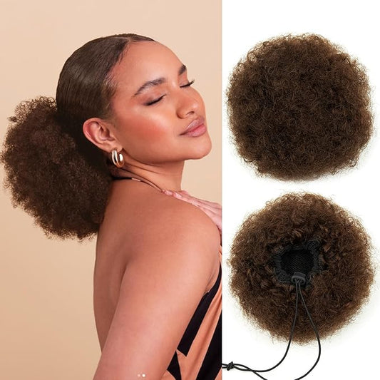 Natural Afro Puff 8 Inch Real Human Hair Ponytail for Black Women Halloween Kinky Curly Ponytail Extension Drawstring Ponytails 4c African American Cheer High Fake Afro Buns Christmas Dark Brown 50g