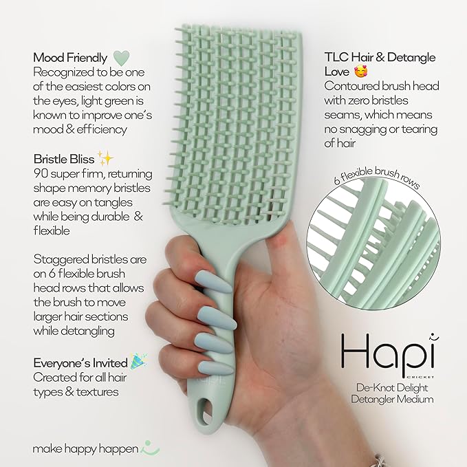 Cricket Hapi De-Knot Delight Detangler Brush Medium - Featuring 90 Super-Firm Bristles, Durable & Flexible Design, 6 Adaptive Hair Rows for Custom Detangling, and Medium-Sized Brush Head - Light Green