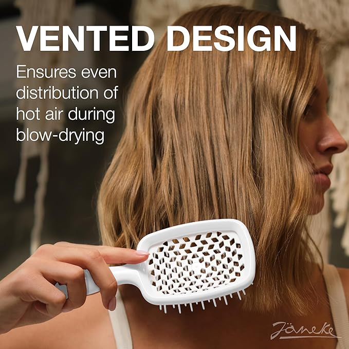 Janeke Superbrush Detangling Brush for Soft Smoothing Hair Brushing with Anti-Static Bristles - Vented Wet Hair Brush for Blow Drying Use - Perfect for Curly, Thick, Wavy, Fine Hair Types (White)