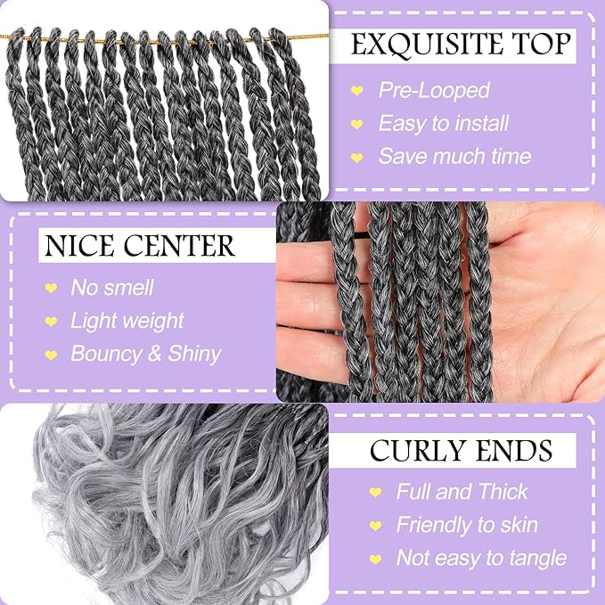 French Curl Crochet Braids 24 Inch 8 Packs Ombre Grey Goddess Box Braids Crotchet for Women Hair Pre Looped Crochet Box Braid with Curly Ends Synthetic French Curly Braiding Hair Extensions (1B/Gray)