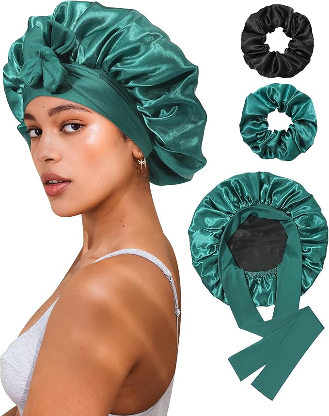 Reversible Satin Bonnet for Sleeping Women Double Layer Hair Bonnet with 2PCS Hair Scrunchies Elastic Tie Band Night Cap