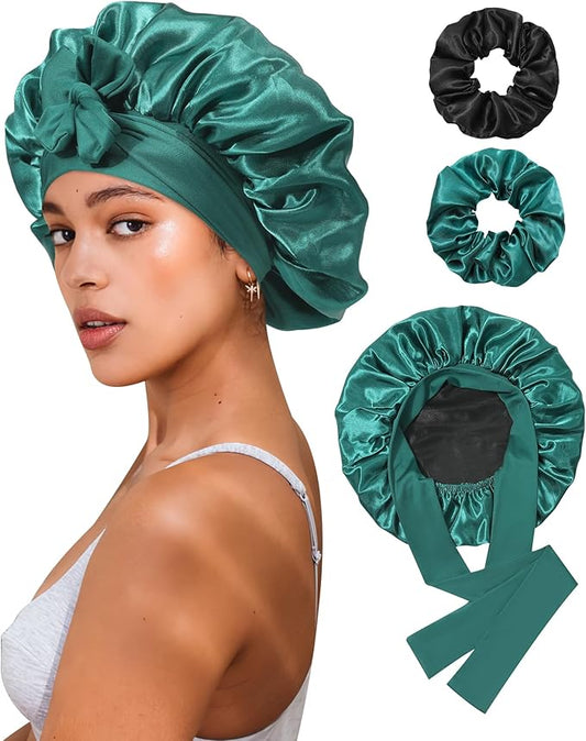 Reversible Satin Bonnet for Sleeping Women Double Layer Hair Bonnet with 2PCS Hair Scrunchies Elastic Tie Band Night Cap