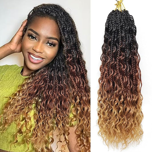 14 Inch Boho Crochet Braids 7Packs Goddess Box Braids Crochet Hair for Women Pre Looped Bohemian Hippie Braiding Hair Extensions, 1B/30/27