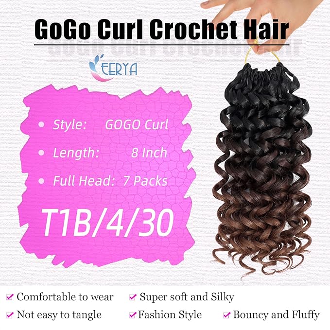 7 Packs GoGo Curl Crochet Hair 8 Inch Short Curly Crochet Hair for Women Deep Wave Beach Curl Crochet Braids Synthetic Braiding Hair Extensions(8 Inch, T1B/4/30)