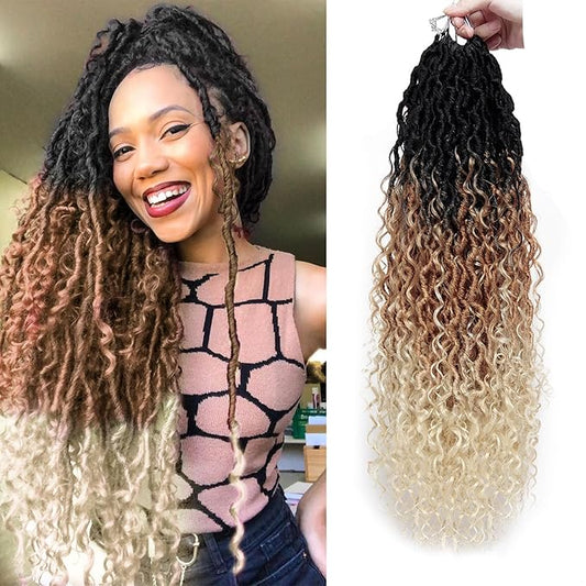 Goddess Locs Crochet Hair 22Inch Curly Faux Locs 6Packs Pre-looped Boho River Hippie Bohemian Loc Crochet Hair for Black Women(1B/27/613, 22inch)