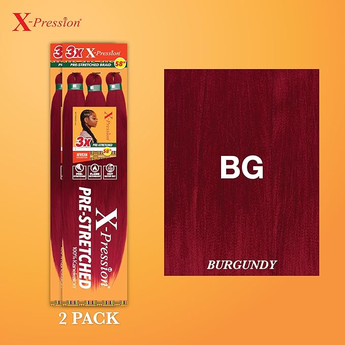 Sensationnel X-pression prestretched braiding hair - 3x braid 58 inch all kanekalon flame retardant synthetic braid for box braids and twists (2 pack, BG BURGANDY)
