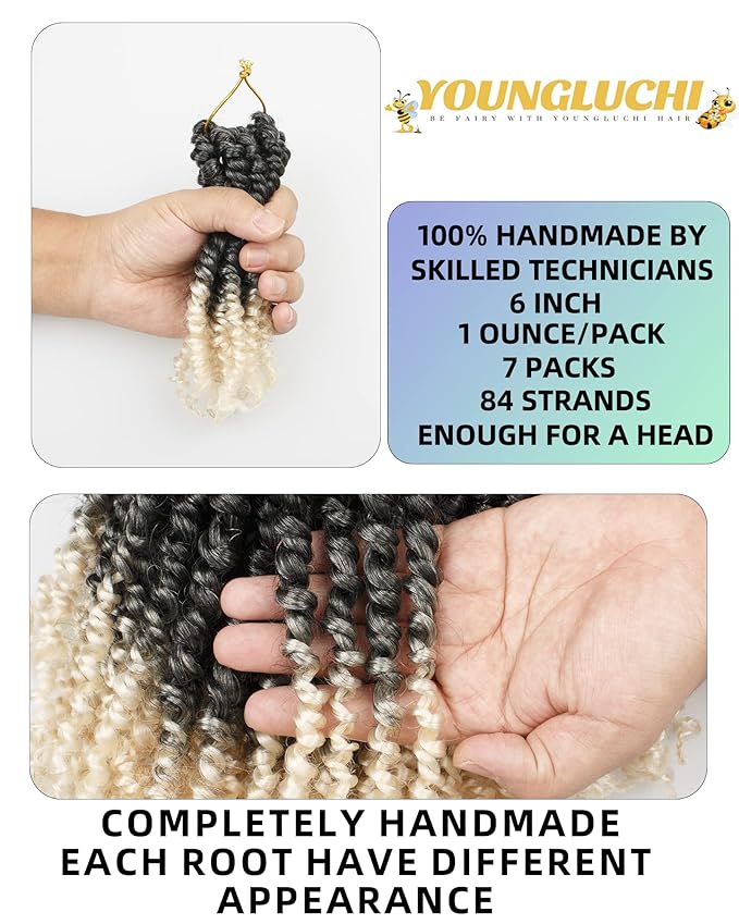 Super Short Passion Twist Crochet Hair for Black Women and Kids-6 Inch 7 Packs Ombre Gray to Blonde Pre Looped Pre-twisted Passion Twist Hair,Bob Spring Kinky Twist Bohemian Curl(6"-7P,TGray/613)