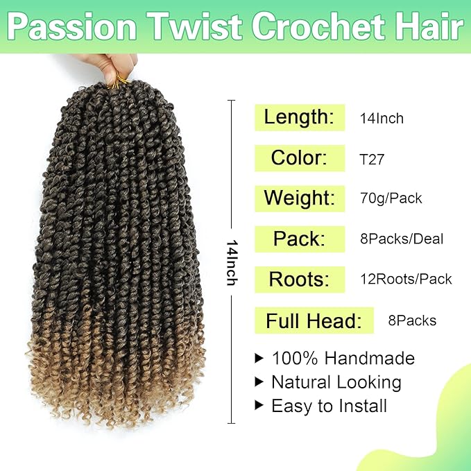 Passion Twist Crochet Hair 14Inch Passion Twist Hair 8 Packs Pre-Twisted Passion Twist Crochet Hair for Black Women Soft Passion Twist Curly Crochet Hair T27