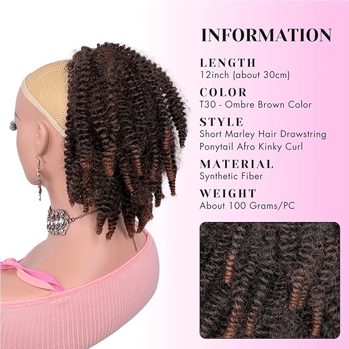 Short Marley Hair Drawstring Ponytail Ombre Brown 4C Afro Puff Bun Braiding Ponytail Hair with Clips Synthetic Afro Kinky Curl Pony Tail Hairpiece for Black Women - T30#, 12"