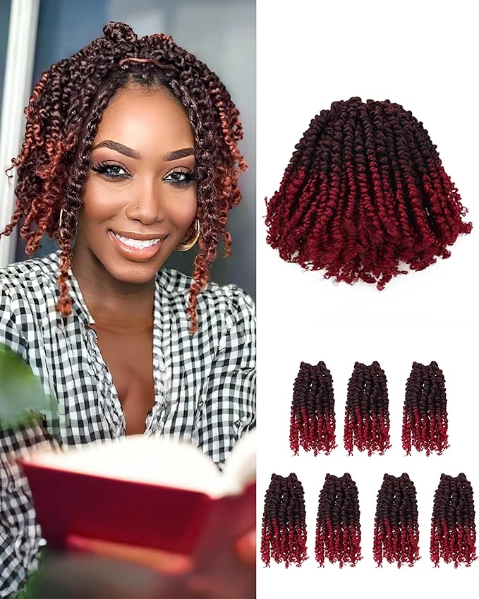Super Short Passion Twist Crochet Hair for Black Women and Kids-6 Inch 7 Packs Ombre Burgundy Pre Looped Pre-twisted Passion Twist Hair,Bob Spring Kinky Twist Bohemian Curl(6"-7P,TBUG)