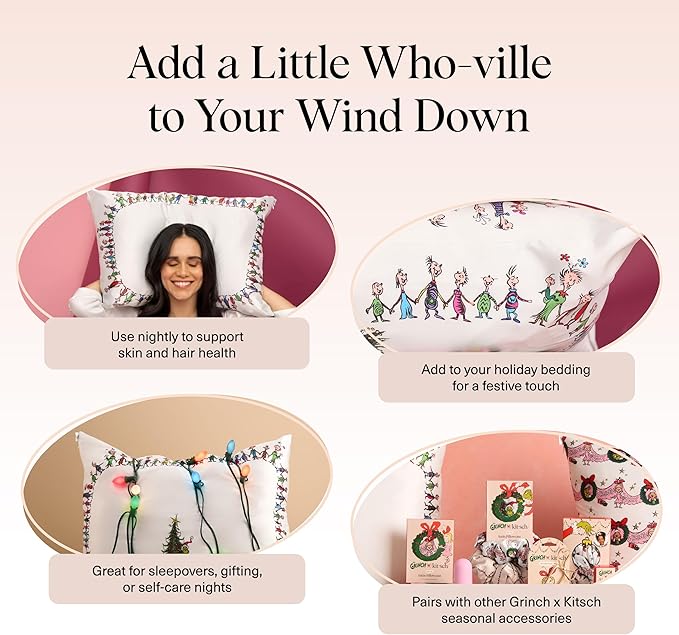 The Grinch x Kitsch Satin Pillowcase with Zipper for Hair & Skin - Softer Than Silk Pillow Cases, Smooth Cooling Pillow Cover, Wrinkle-Free, Machine Washable, King Size (19x36) - Who-Ville