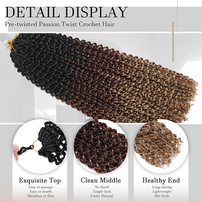 Passion Twist Hair 12 Inch 8 Packs Water Wave Crochet Hair Bohemian Braiding Hair for Boho Locs Pre Looped Crochet Braids Hair for Black Women （1B/30/27#）