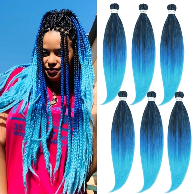 Prestretched Braiding Hair Ombre Blue Braiding Hair Pre Stretched 26" 6packs Braids in Hair Extensions for Braiding Hot Water Setting Itch Free Synthetic Yaki Perm Kids Women Braiding Hair by UPruyo