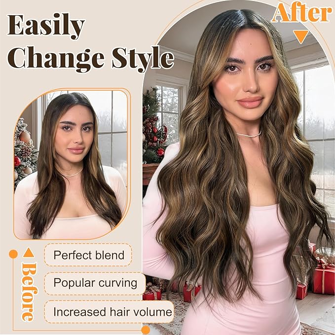 ALXNAN Clip in Long Wavy Synthetic Hair Extension 24 Inch Medium Brown with Blonde Highlights 4PCS Thick Hairpieces Fiber Double Weft Hair for Women