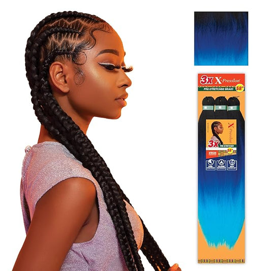 Sensationnel X-pression prestretched braiding hair - 3x braid 58 inch all kanekalon flame retardant synthetic braid for box braids and twists (3 pack, 3T1B/DBLUE/LBLUE)