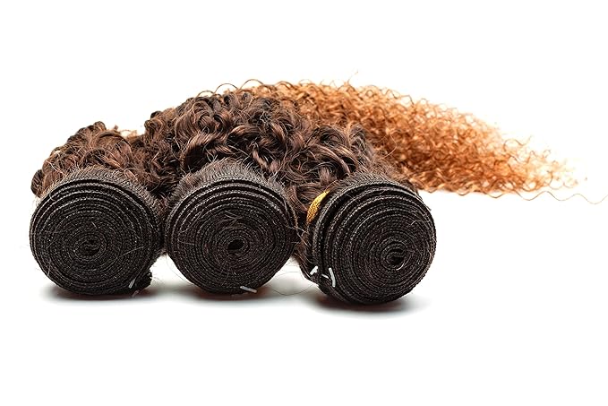 Brazilian Human Hair Bundles Ombre Curly Hair 3 Bundles Brazilian Remy Virgin Human Hair Weave Bundles 100% Unprocessed Kinky Curly Human Hair Extensions T4/30 Medium Brown Hair Bundles(20 22 24)