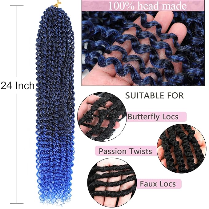 Alrence Passion Twist Hair 24 Inch 8 Packs Water Wave Crochet Hair Curly Braiding Hair For Butterfly Locs Long Bohe Crochet Braids (24 Inch (Pack of 8), 1B/Blue)