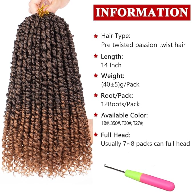 Xtrend 8 Packs Pre-twisted Passion Twist Crochet Hair 14 Inch Natural Pre-looped Crochet Braids Hair For Women Bohemian Synthetic Passion Braiding Hair Extension (8packs, T30#)