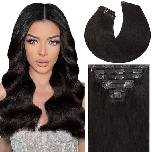 Caliee Hair Extensions Seamless Clip in Human Hair Ultra Thin PU Weft Color 1B Natural Black Clip in Hair Extensions Straight 7Pcs Full Head Clip on Human Hair 110G 20Inch