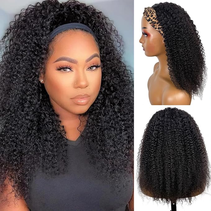 Kinky Curly Headband Wig Human Hair 26 Inch Headband Wigs for Women Human Hair Glueless None Lace Front Curly Wave Wigs Brazilian Virgin Hair Wear and Go Glueless Wig 150% Density Natural Black Color