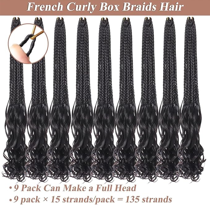 24 Inch French Curl Crochet Braids 9 Packs Natural Black Goddess Box Braids Crochet Hair Pre Looped Synthetic Bohemian French Curly Braiding Hair for Women