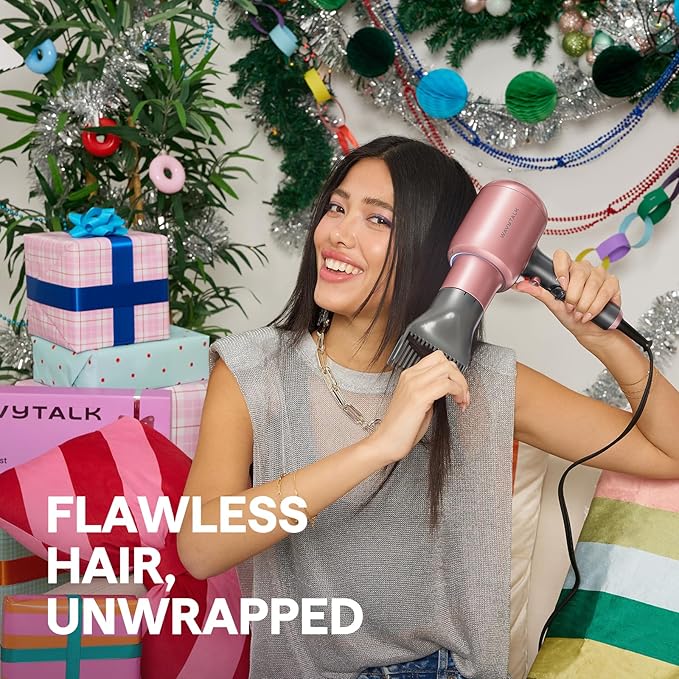 Wavytalk Hair Dryer, Blown Away Ionic Hair Dryer for Curly Hair with Diffuser, 1875W Fast Drying Blow Dryer with Ceramic Technology, 3 Attachments for All Hair Types, Light and Quiet, Rose Gold