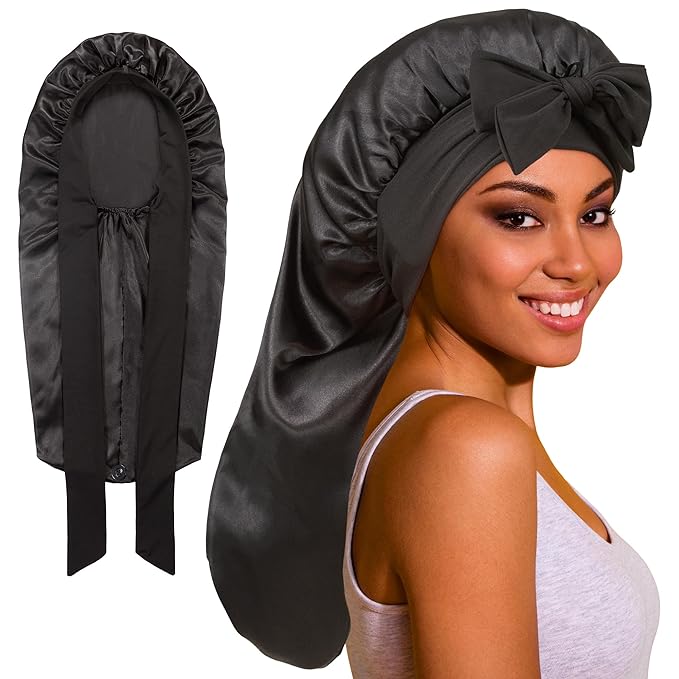 ROYBENS Long Bonnet Satin Hair Silk Bonnet for Sleeping Women, Silky Bonnets for Women with Tie Band, Sleep Cap for Braids Curly Hair