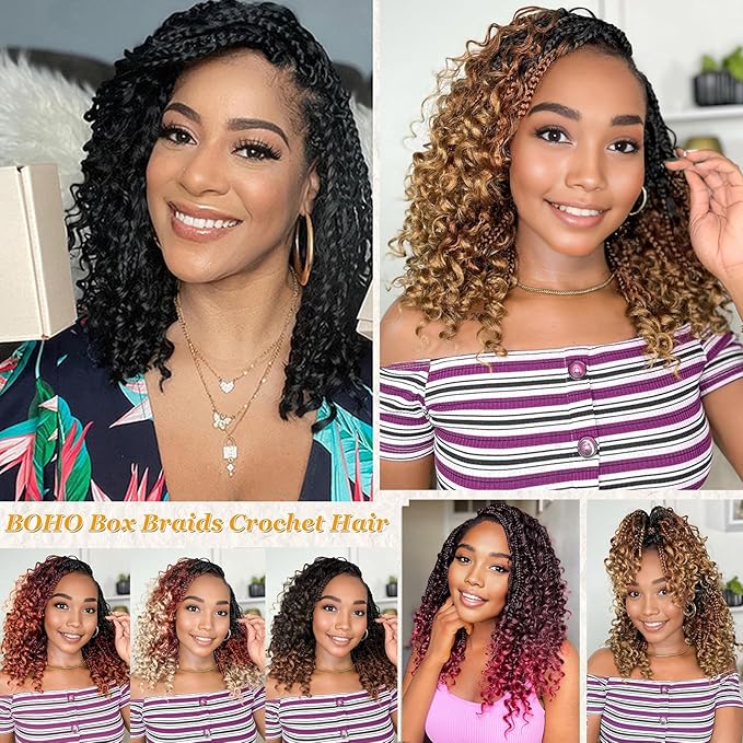 Goddess Boho Box Braids With Curly Ends, 10 Inch 9 Pack Bohomian Braids, Pre Looped Crochet Hair (10Inch 9 Packs,1#)