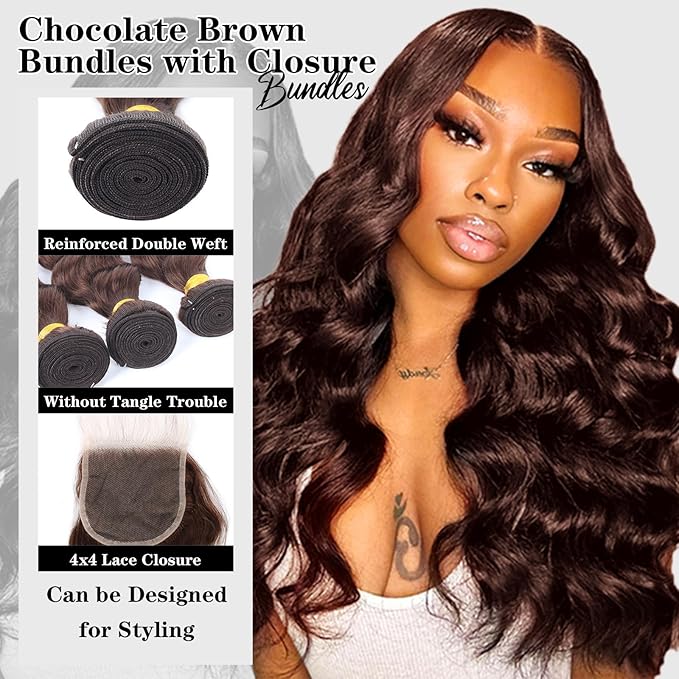 Brown Bundles with Closure Human Hair Loose Wave Human Hair Bundles with Closure (24 26 28+22）12A Brazilian Virgin Hair Light Brown Loose Deep Wave 3 Bundles with 4x4 Closure 4# Color