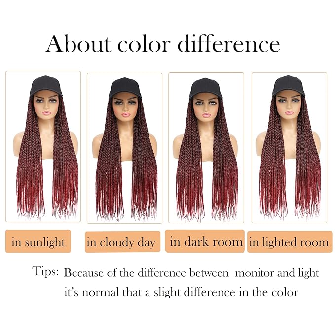 Hat Wig for Women Baseball Cap with Braided Hair Attached Synthetic Box Braid Wig Hat Adjustable Cap with ombre burgundy Braids for Daily Outdoor Halloween Use